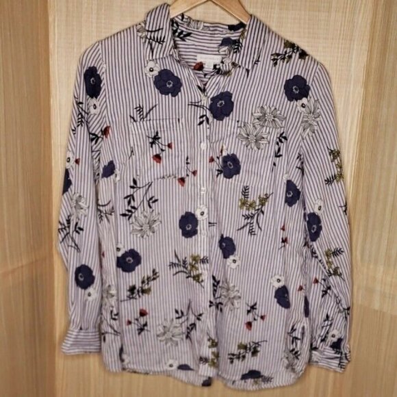 Charter Club Linen Floral Striped Tunic Large - Picture 1 of 5